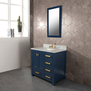 Madison 36-Inch Single Sink Carrara White Marble Vanity In Monarch Blue With F2-0013-06-FX Lavatory Faucet Vanity Water Creation